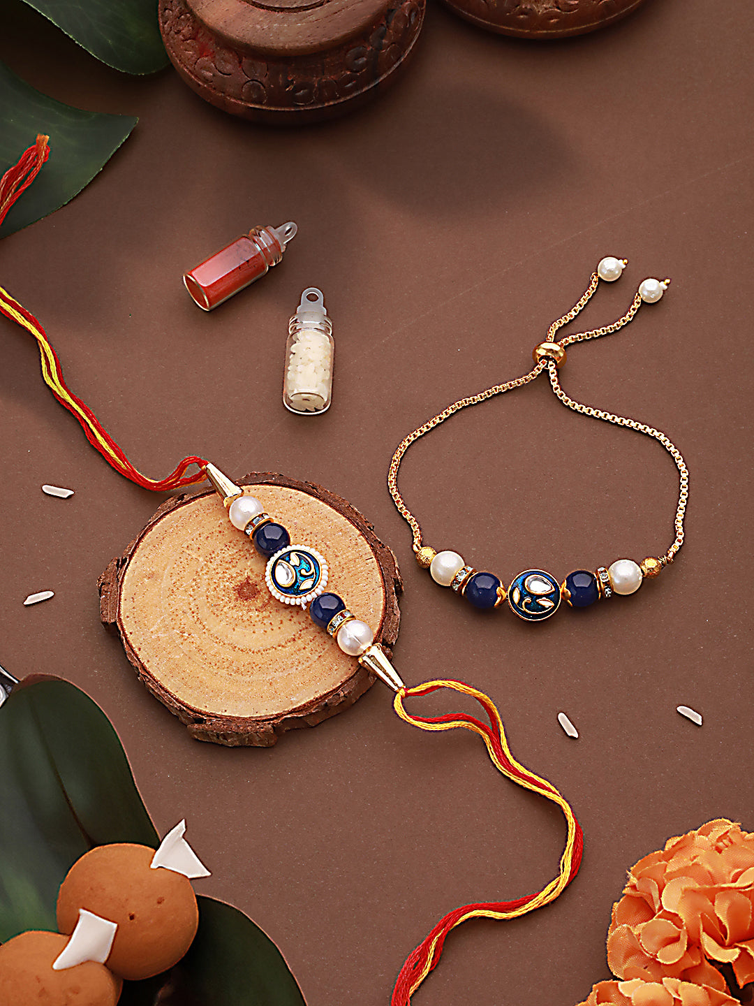 Jazz And Sizzle Set Of 2 Kundan Studded & Pearl Beaded Bhaiya Bhabhi Chain Rakhi