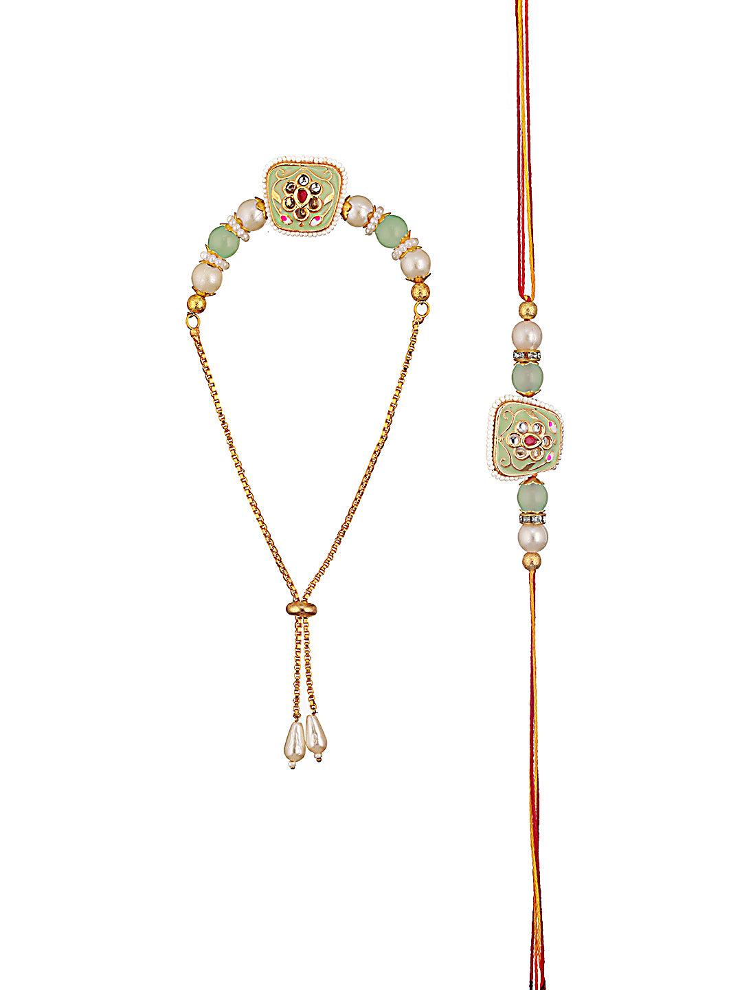 Set Of 2 Kundan Studded & Pearl Beaded Bhaiya Bhabhi Chain Rakhi With Roli & Chawal