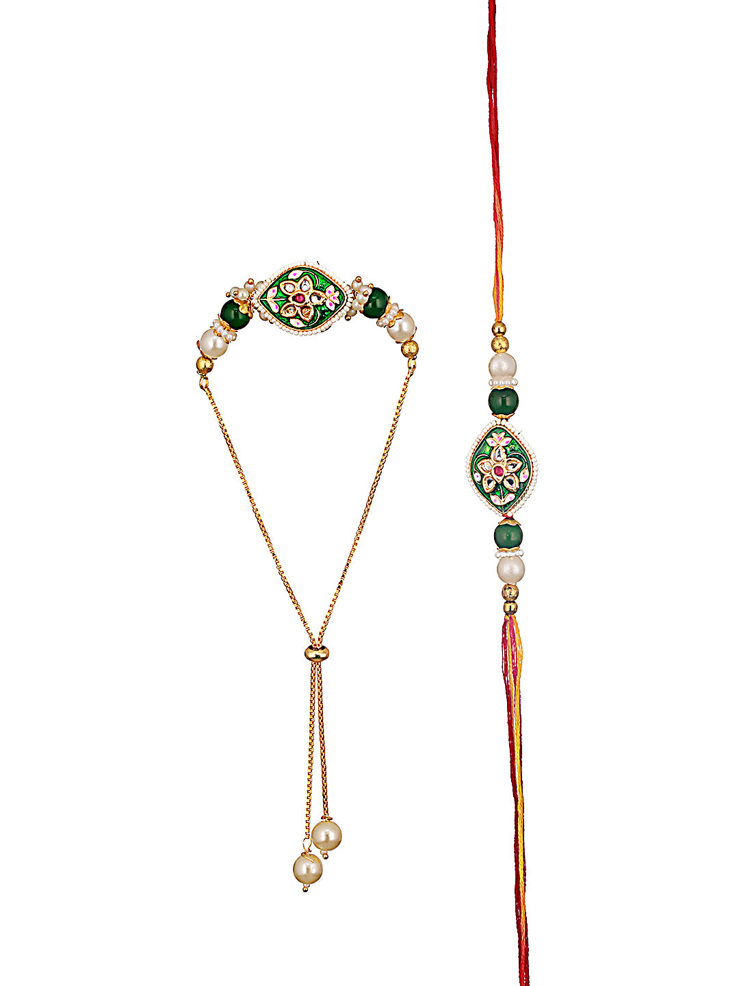 Set Of 2 Kundan Studded & Pearl Beaded Minakari Bhaiya Bhabhi Chain Rakhi With Roli & Chawal