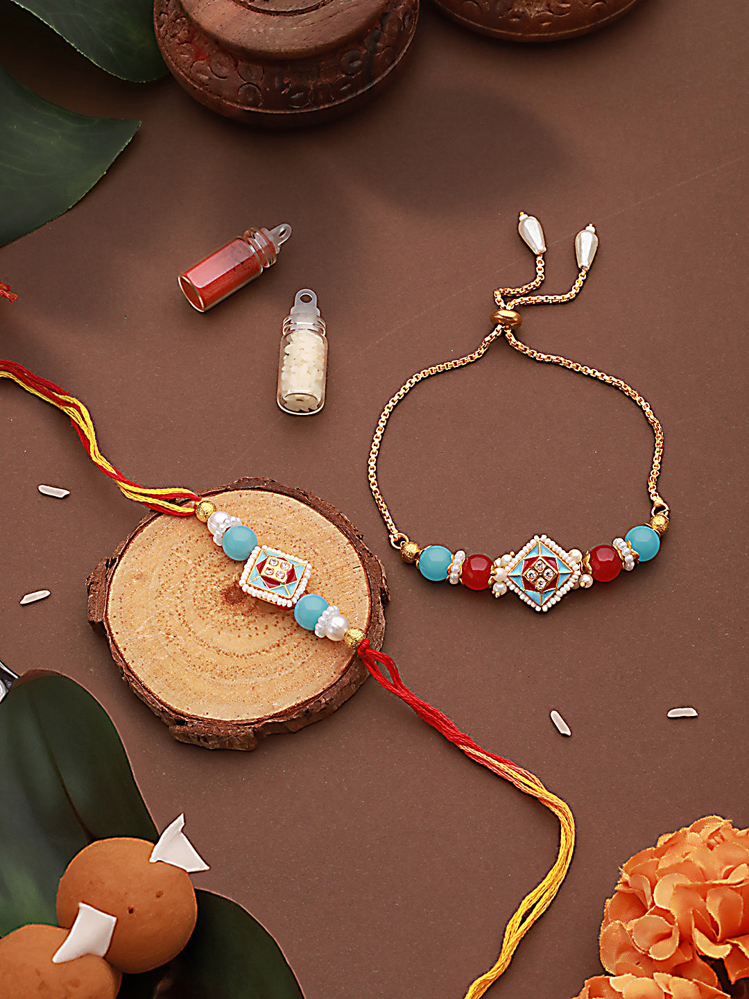 Jazz And Sizzle Set Of 2 Kundan Studded & Pearl Beaded Minakari Bhaiya Bhabhi Chain Rakhi With Roli & Chawal