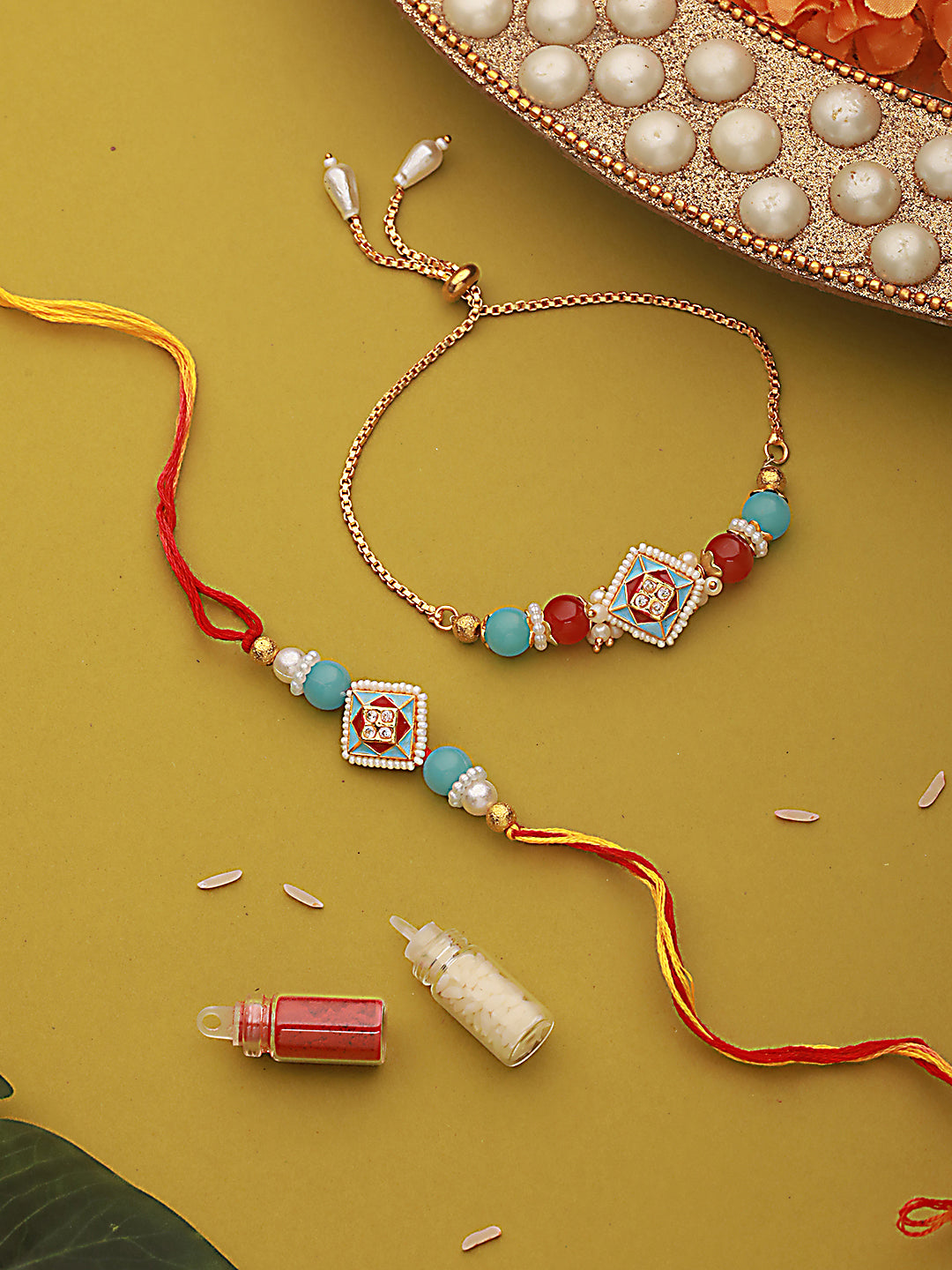 Jazz And Sizzle Set Of 2 Kundan Studded & Pearl Beaded Minakari Bhaiya Bhabhi Chain Rakhi With Roli & Chawal