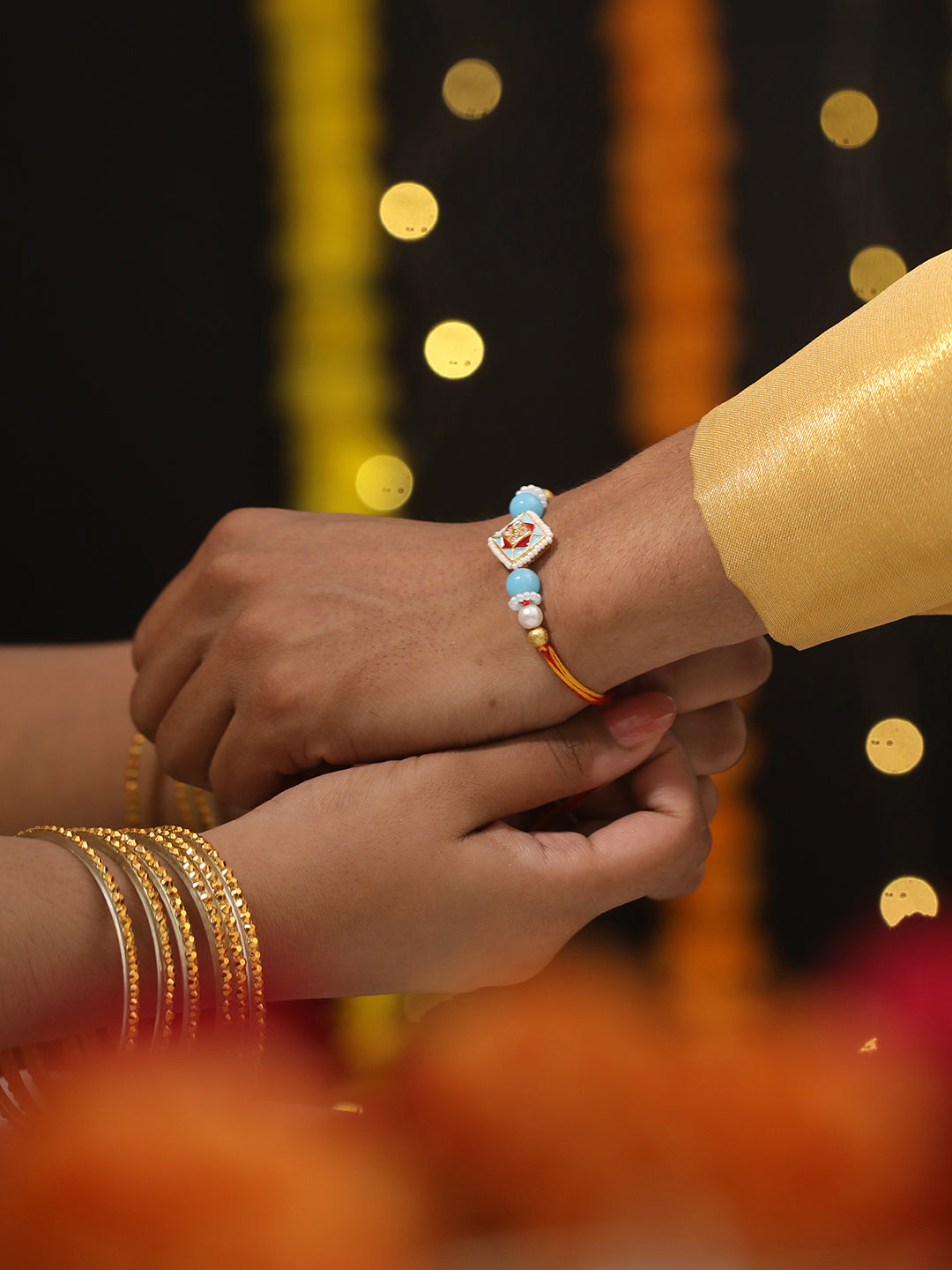 Jazz And Sizzle Set Of 2 Kundan Studded & Pearl Beaded Minakari Bhaiya Bhabhi Chain Rakhi With Roli & Chawal