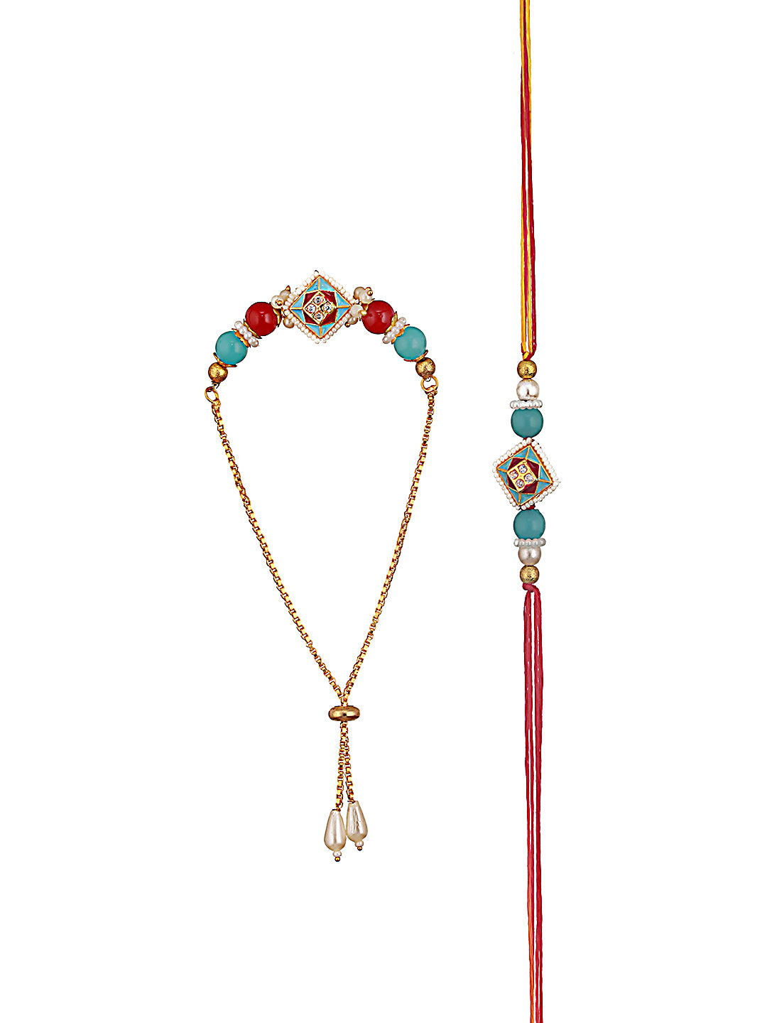 Set Of 2 Kundan Studded & Pearl Beaded Minakari Bhaiya Bhabhi Chain Rakhi With Roli & Chawal