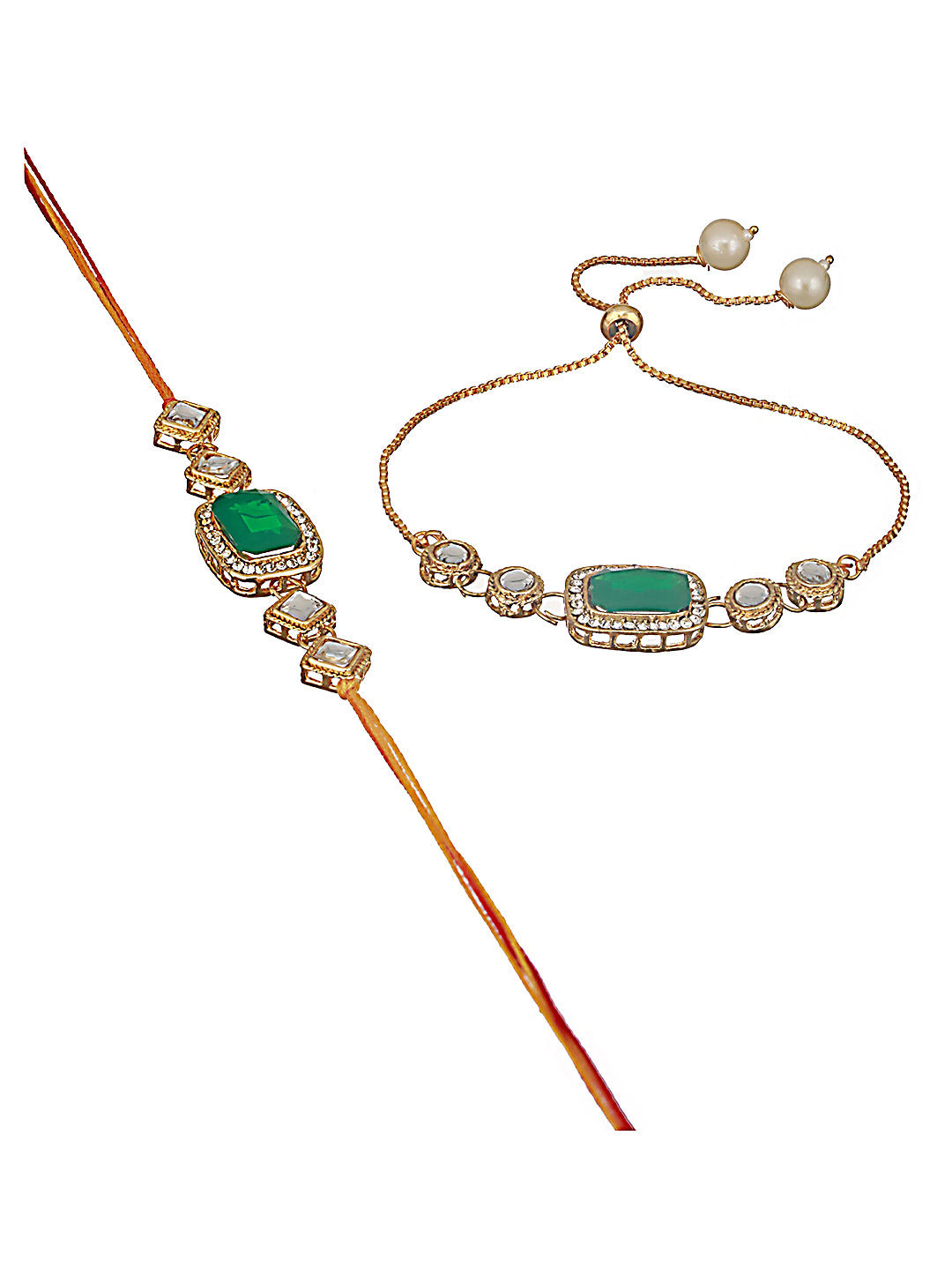 Set Of 2 Green Stone & Cz Studded Bhaiya Bhabhi Chain Rakhi With Roli & Chawal