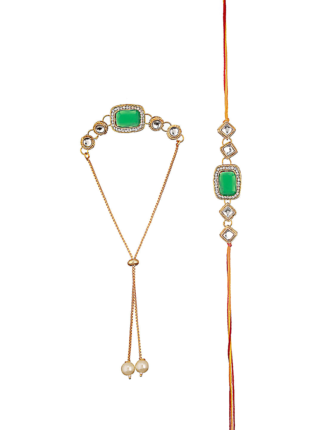 Set Of 2 Green Stone & Cz Studded Bhaiya Bhabhi Chain Rakhi With Roli & Chawal