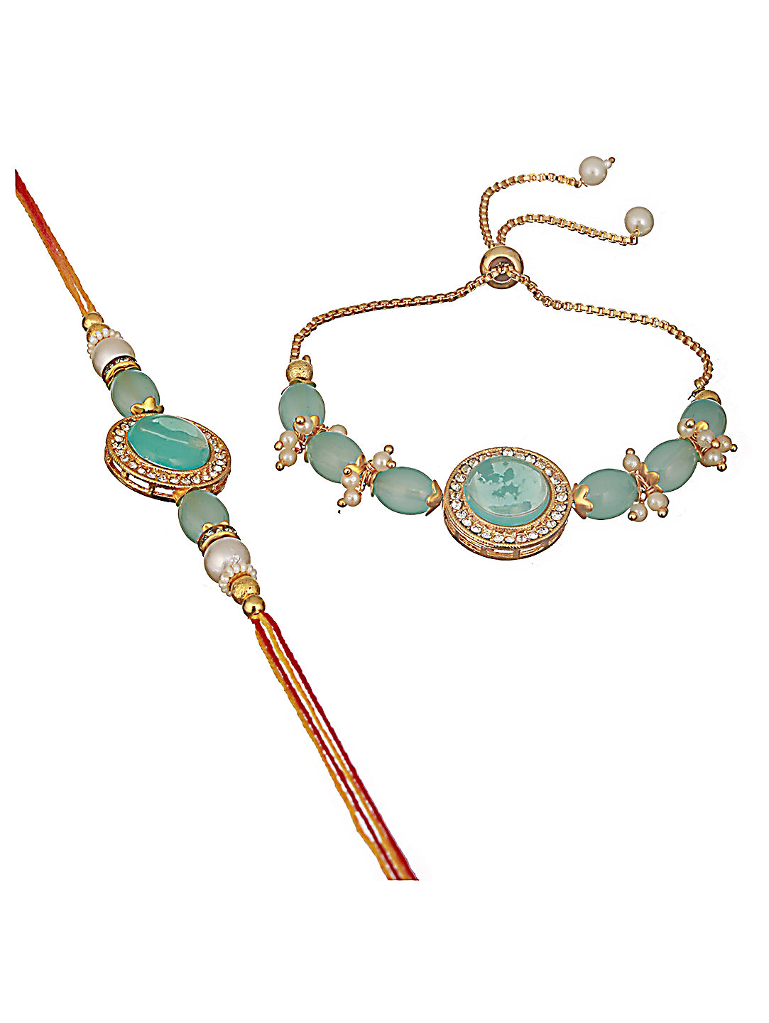 Set Of 2 Blue Stone & Cz Studded Bhaiya Bhabhi Chain Rakhi With Roli & Chawal