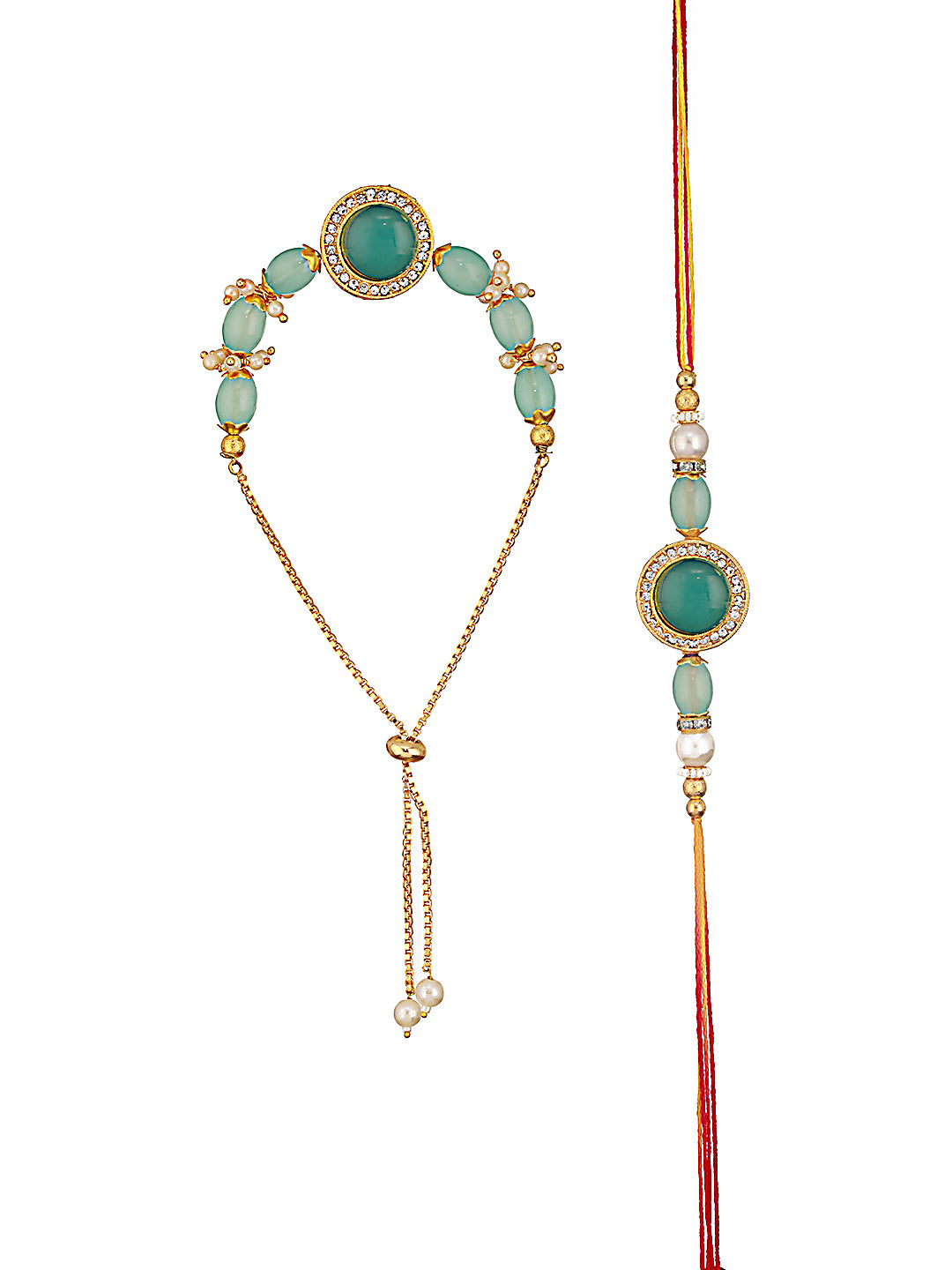 Set Of 2 Blue Stone & Cz Studded Bhaiya Bhabhi Chain Rakhi With Roli & Chawal