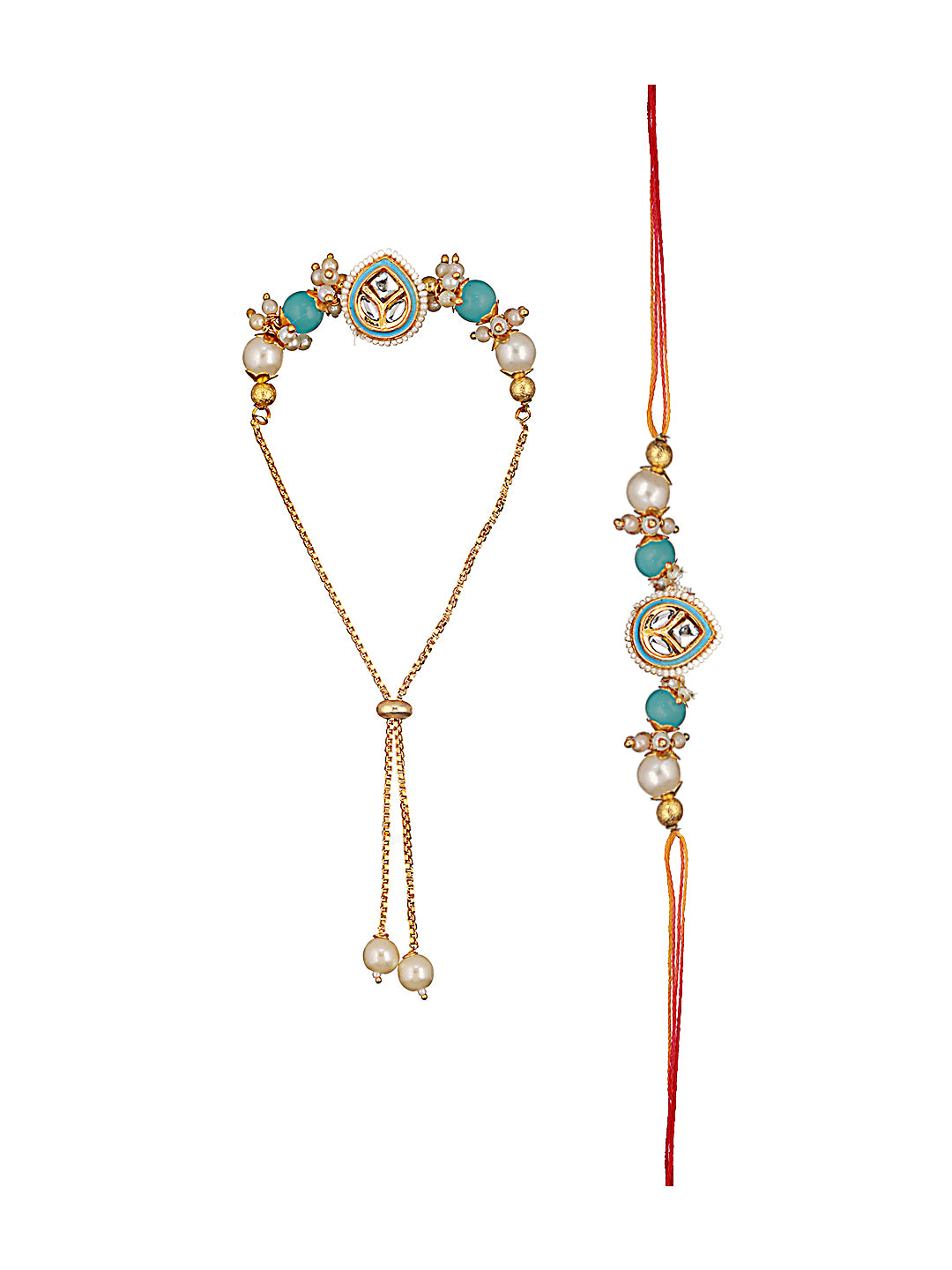 Set Of 2 Kundan Studded & Pearl Beaded Bhaiya Bhabhi Chain Rakhi With Roli & Chawal