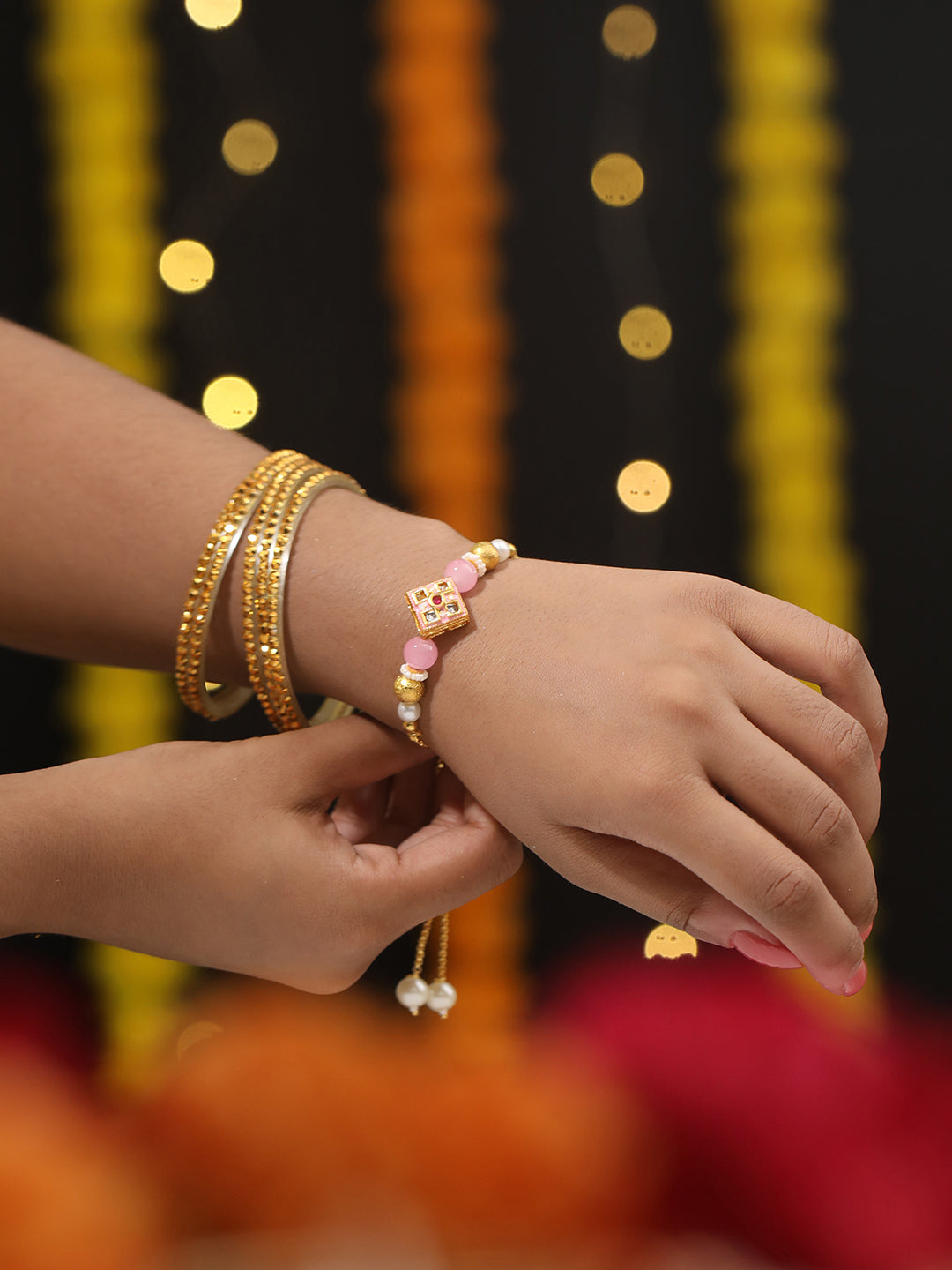 Jazz And Sizzle Set Of 2 Kundan Studded & Pearl Beaded Bhaiya Bhabhi Chain Rakhi With Roli & Chawal