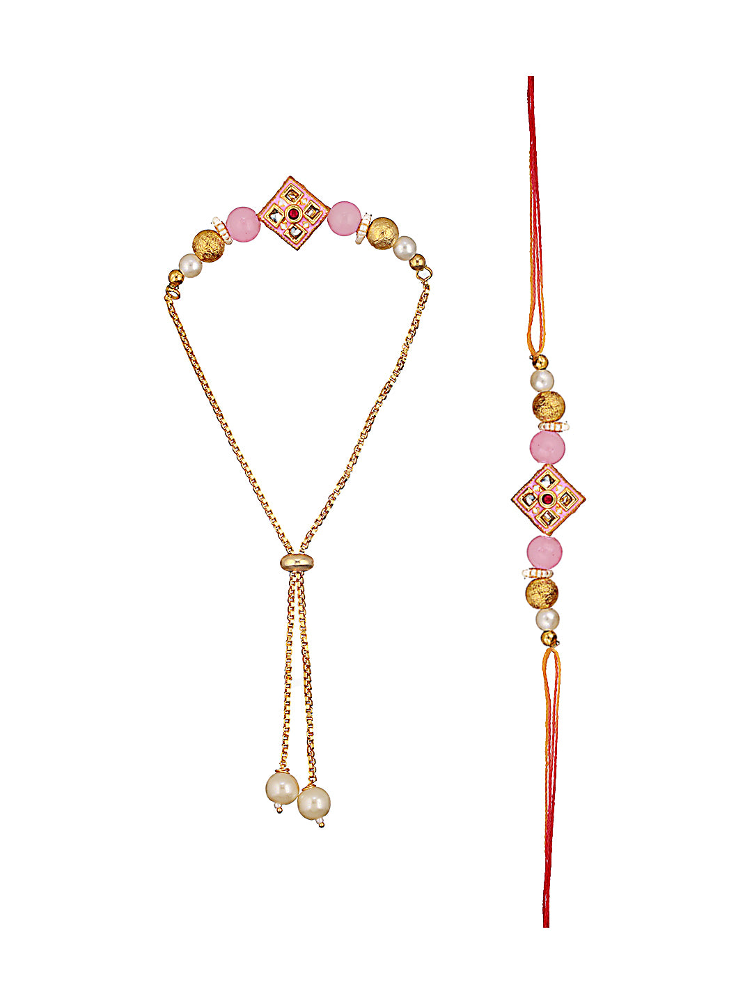 Set Of 2 Kundan Studded & Pearl Beaded Bhaiya Bhabhi Chain Rakhi With Roli & Chawal