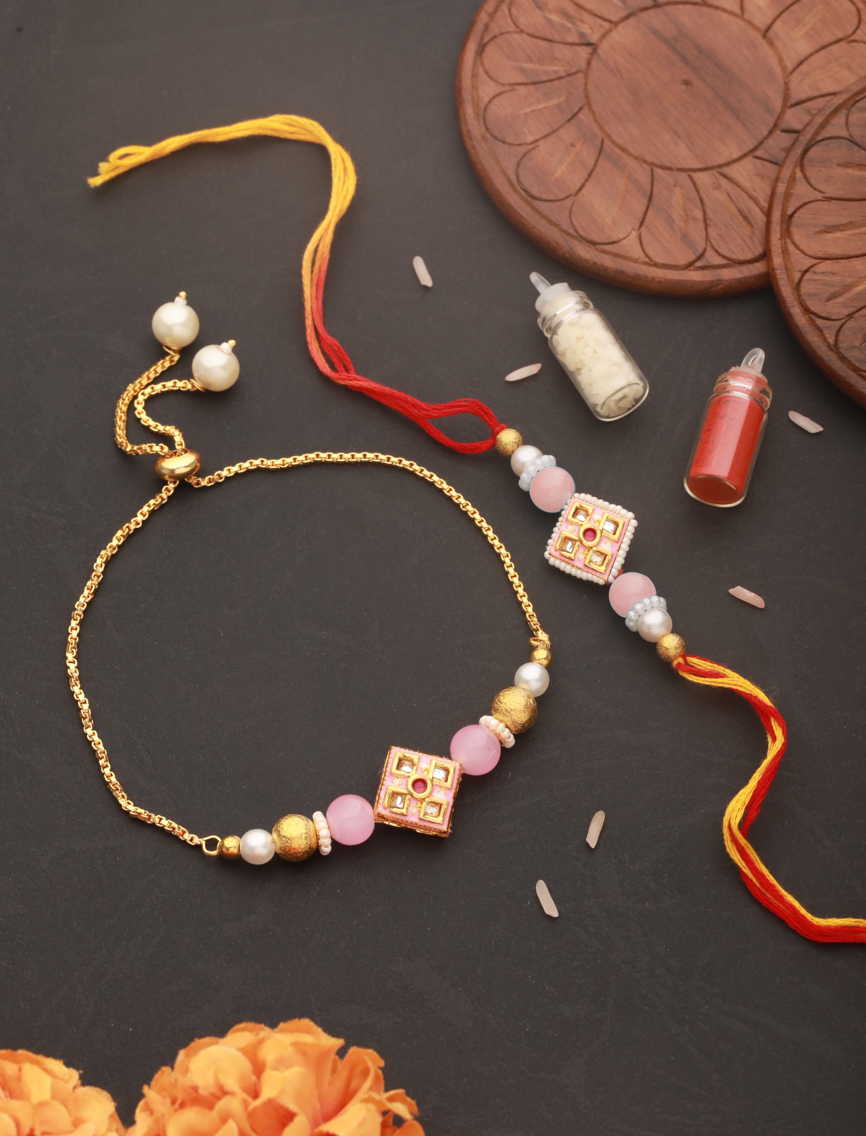 Jazz And Sizzle Set Of 2 Kundan Studded & Pearl Beaded Bhaiya Bhabhi Chain Rakhi With Roli & Chawal