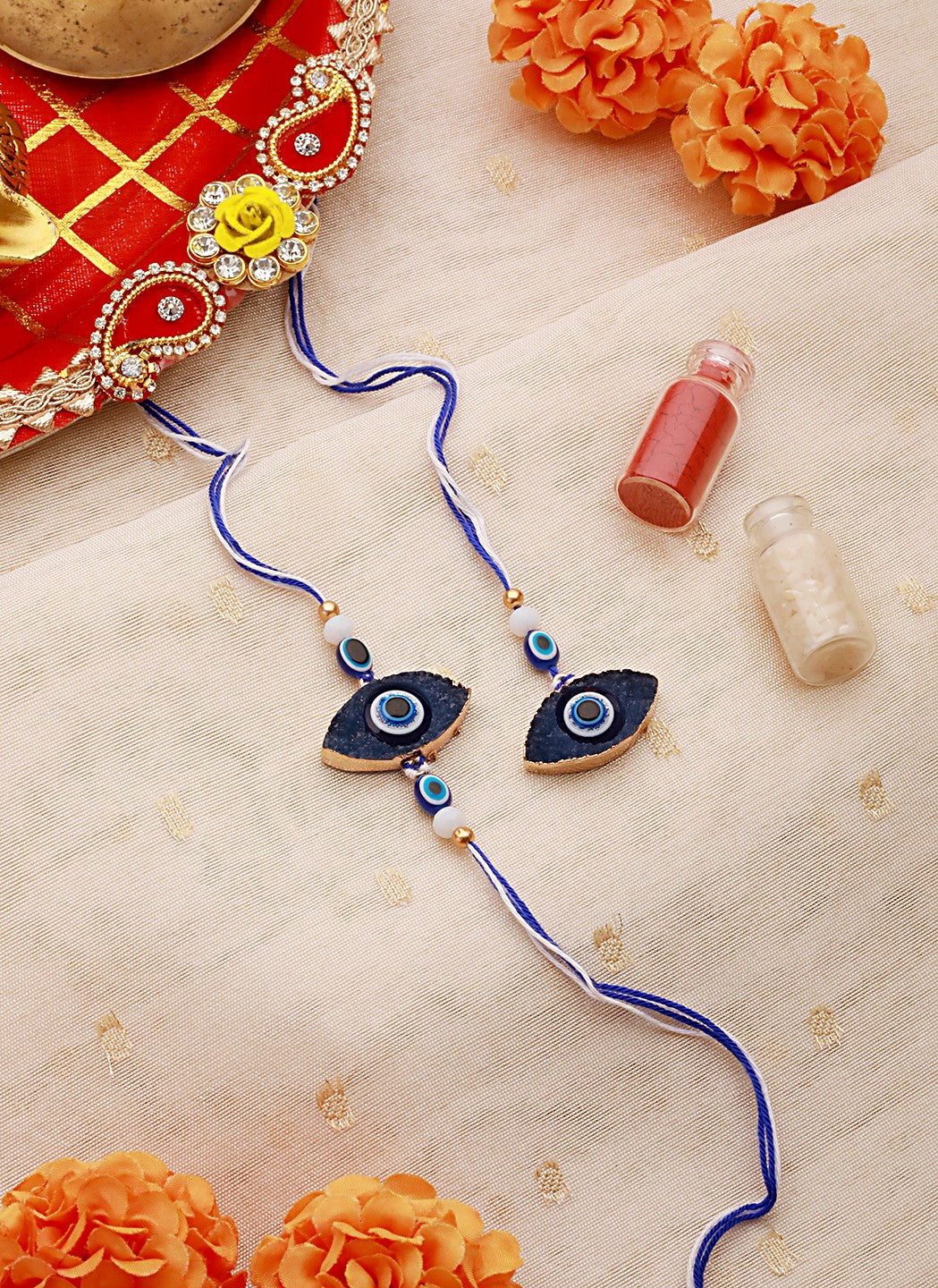 Jazz And Sizzle Set Of 2 Evil Eye Charm Bhaiya Bhabhi Rakhi With Roli & Chawal