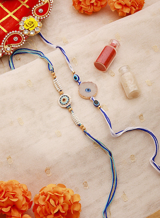 Set Of 2 Semi-Precious Stone Evil Eye & Pearl Beaded Charm Rakhi With Roli & Chawal