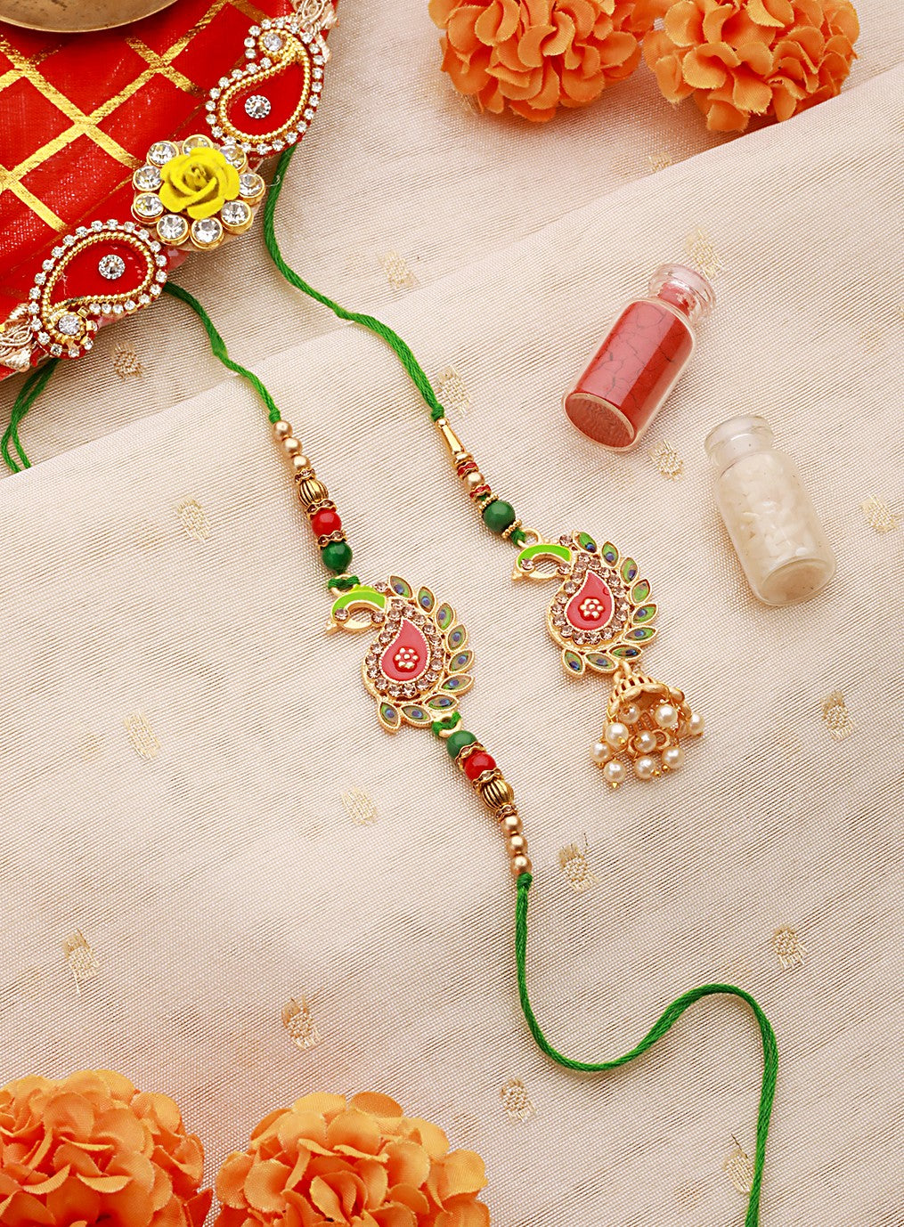 Set Of 2 Peacock Shaped Meena Work Bhaiya Bhabhi Rakhi With Roli & Chawal