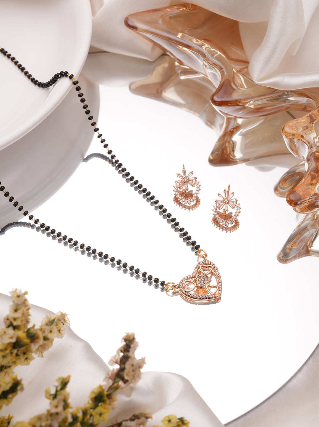 18K Rose Gold-Plated Cubic Zirconia Studded Heart Shaped Mangalsutra Set with Black Beads & Earrings