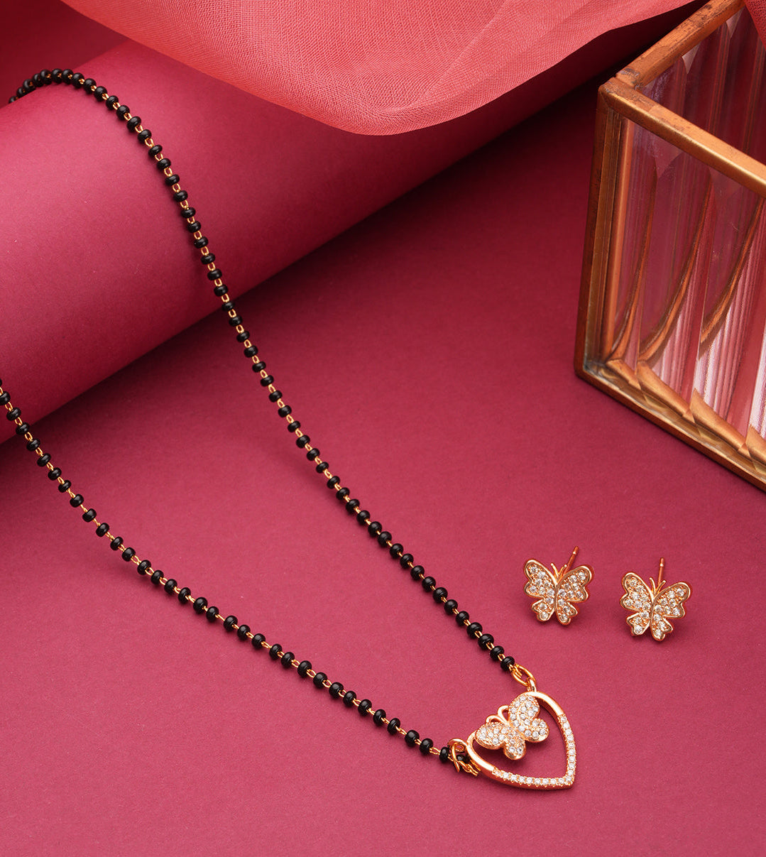 18K Rose Gold-Plated Cubic Zirconia Studded Butterfly Mangalsutra Set with Black Beads & Earrings