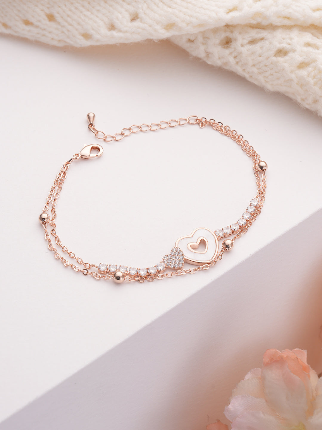 Brass Cubic Zirconia Rose Gold-Plated Link Bracelet