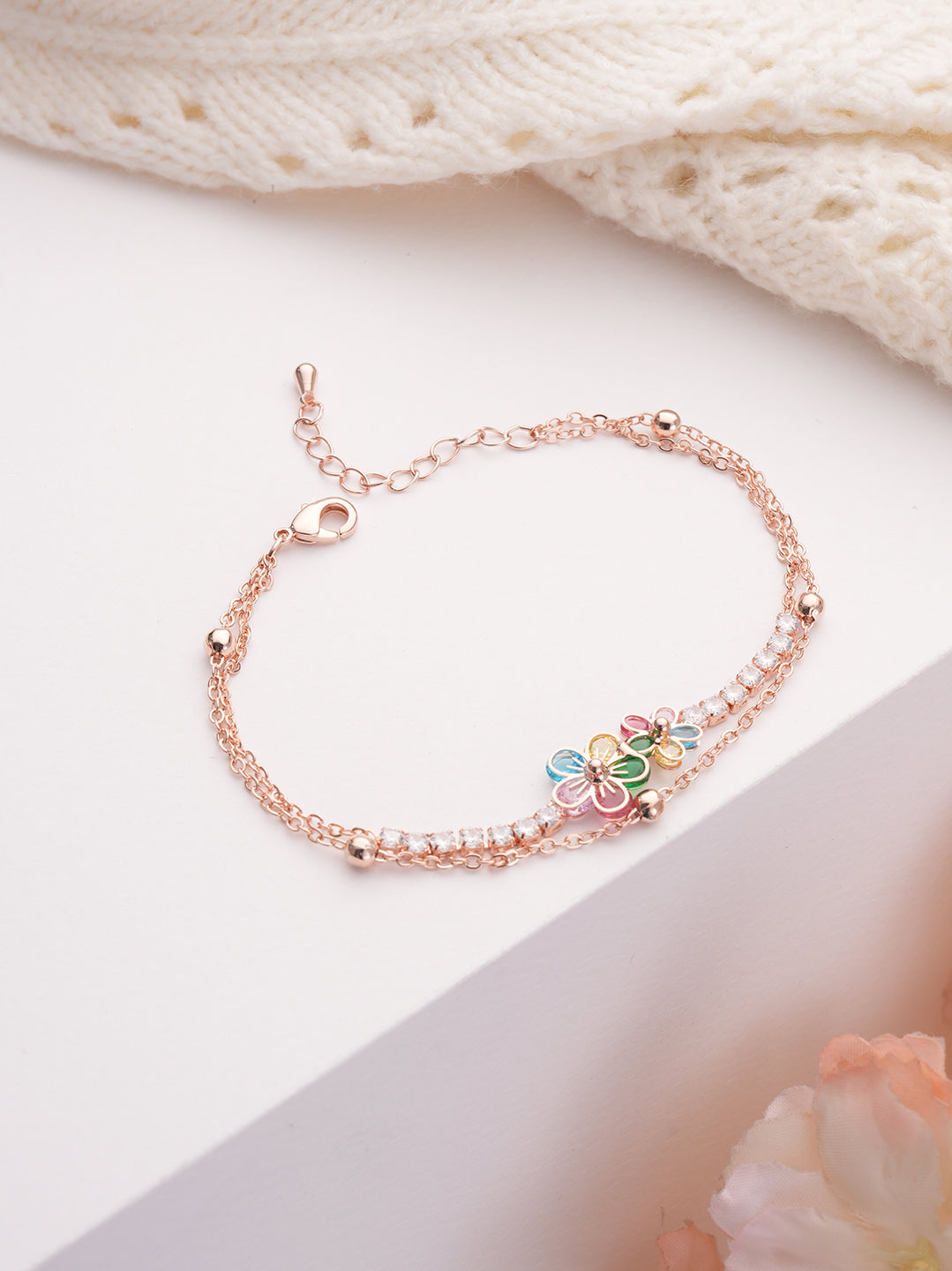 Brass Cubic Zirconia Rose Gold-Plated Link Bracelet