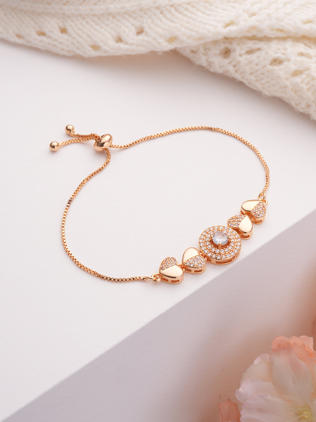 Rose Gold Plated & Cubic Zirconia Heart Shaped Link Bracelet