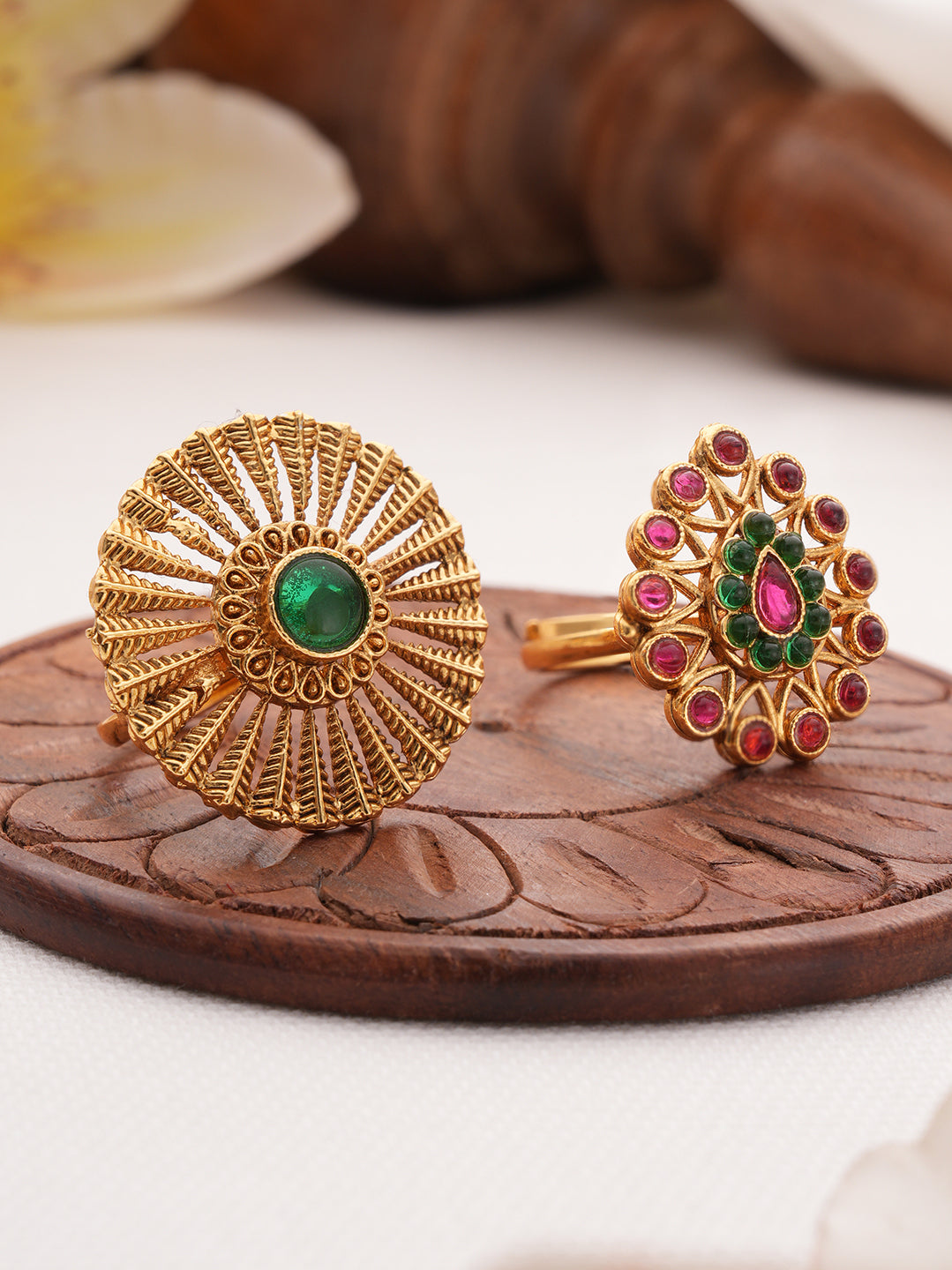 Set Of 2 Gold-Plated Red & Green Stone Studded Rings