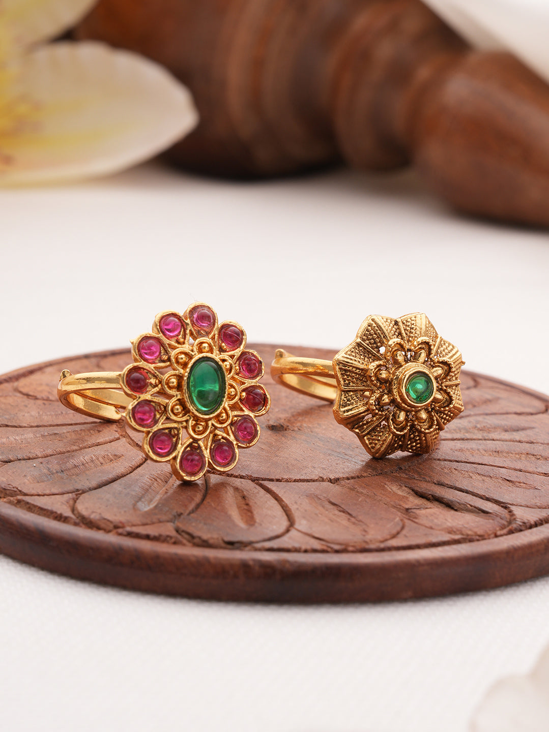 Set Of 2 Gold-Plated Red & Green Stone Studded Rings