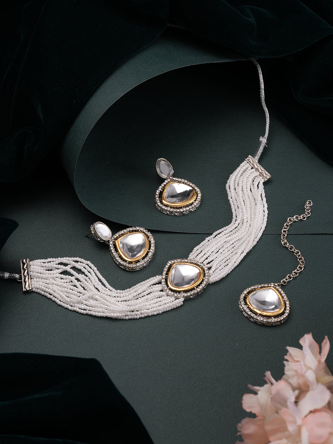 Gold-PlatedAustrian Diamond Studded & Beaded Jewellery Set with Maangtikka