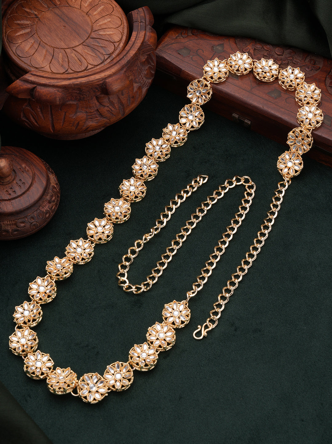 Gold-Plated & White Kundan Studded & Beaded Traditional Kamarbandh