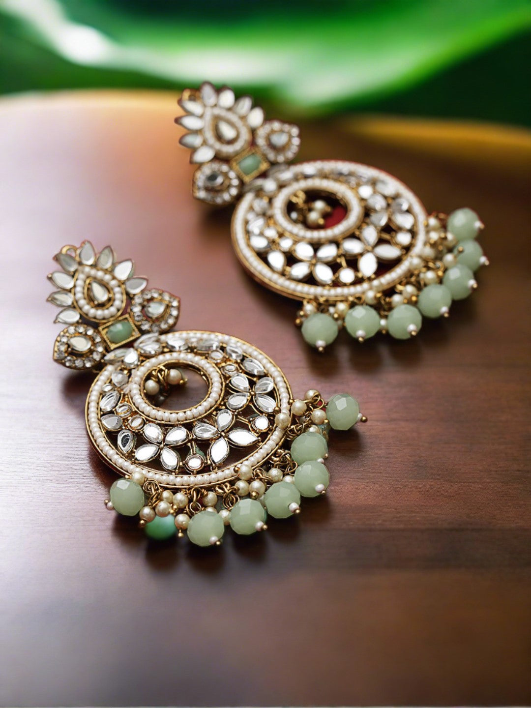 Mint Green Gold-Plated Stone Studded & Beaded Crescent Shaped Chandbalis Earrings