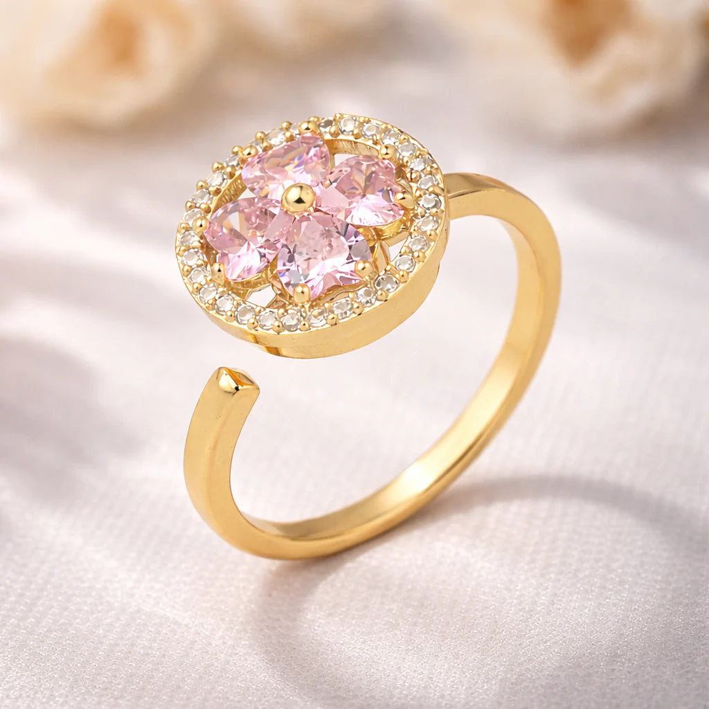 Zivara Crystal Gold Pink Floral Statement Ring