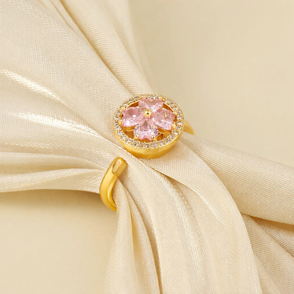 Zivara Crystal Gold Pink Floral Statement Ring