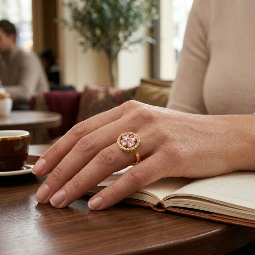 Zivara Crystal Gold Pink Floral Statement Ring