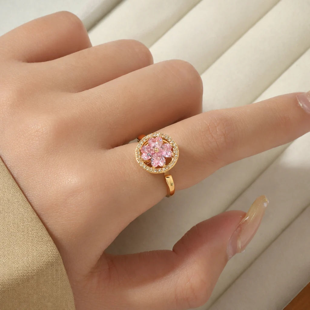 Zivara Crystal Gold Pink Floral Statement Ring