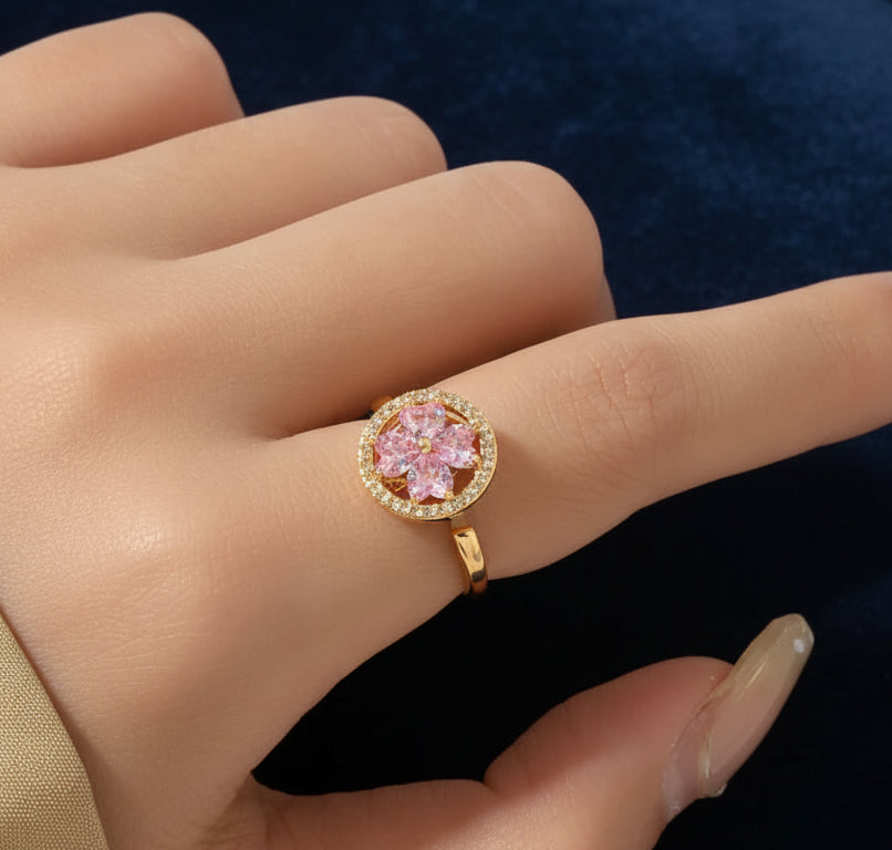 Jazz And Sizzle Gold Plated Crystal Gold Pink Floral Statement Ring