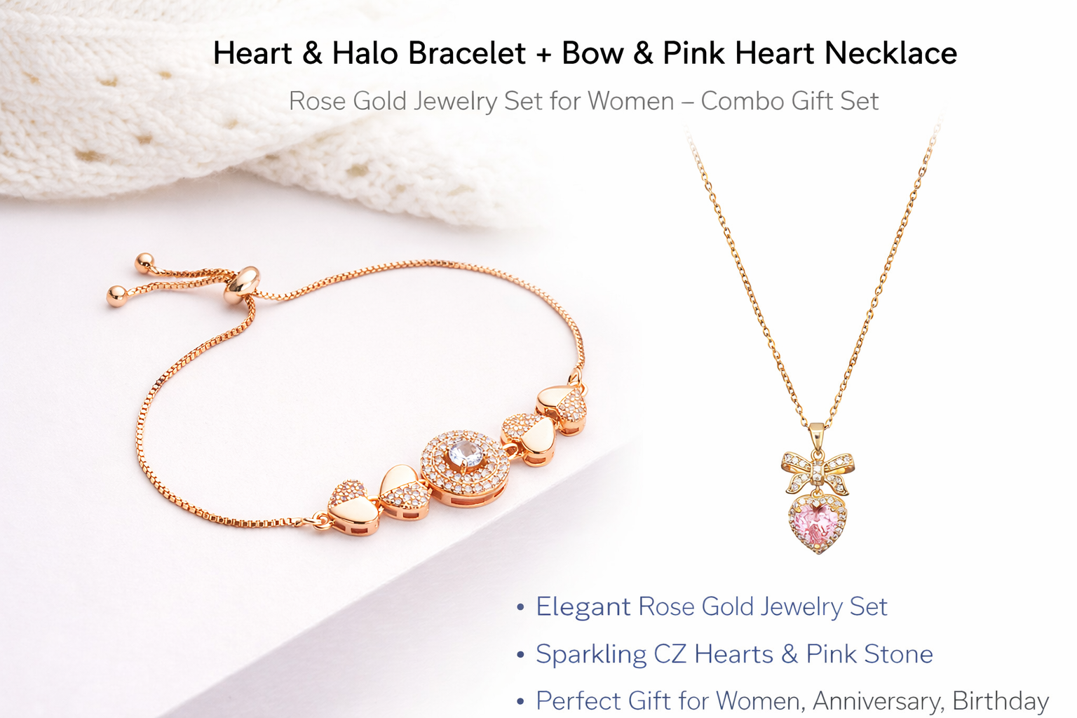 Jazz & Sizzle Rose Gold Bow Heart Pendant Necklace with Pink Crystal
