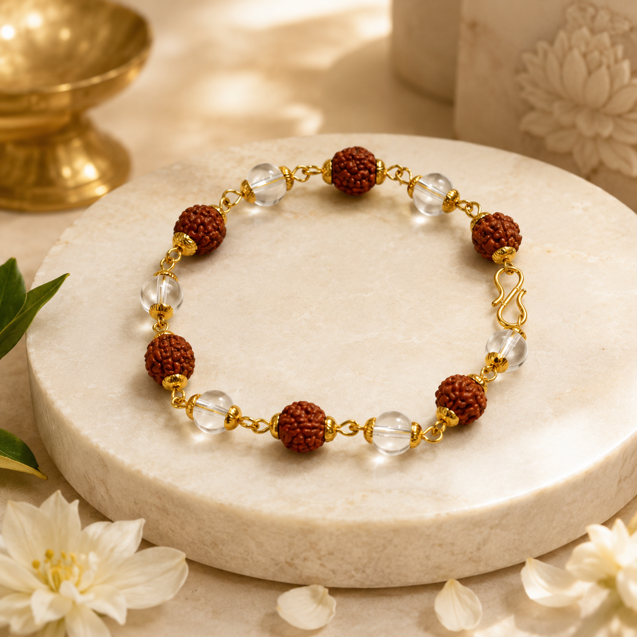 Rudraksha & Clear Crystal Beaded Bracelet for Men & Women-JS-SBR-022