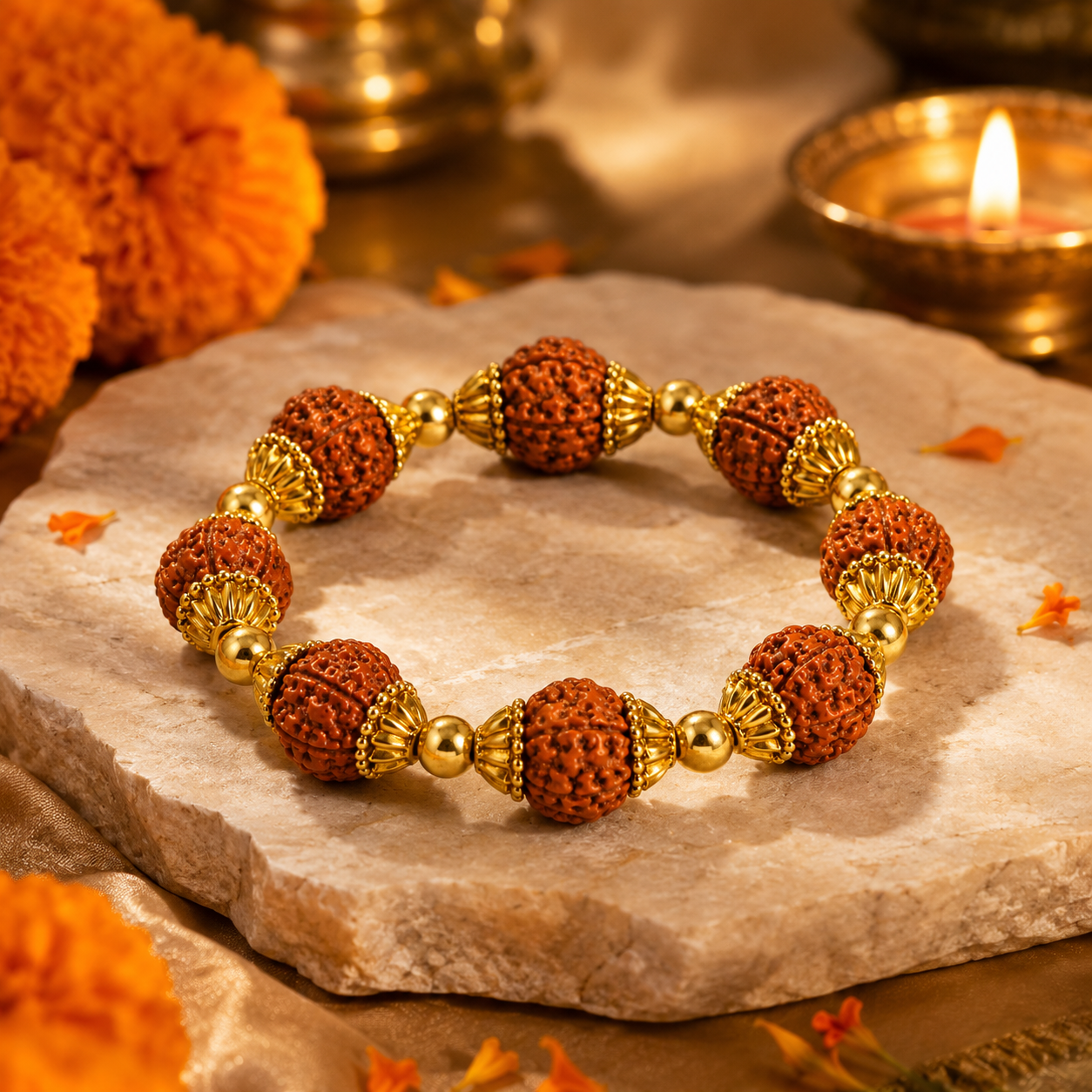Rudraksha Beads Gold-Tone Adjustable Bracelet for Men-JS-SBR-013
