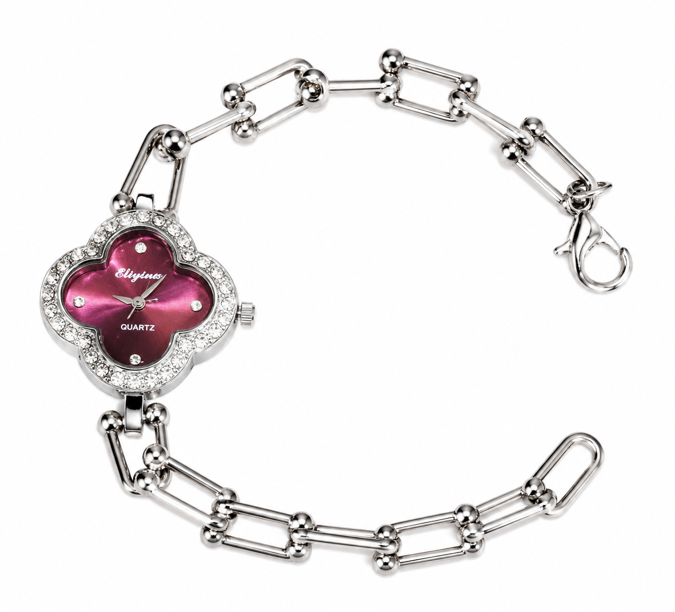 Silver-Toned Crystal-Studded Clover Dial Bracelet Watch for Women | Elegant Fashion Wrist Watch