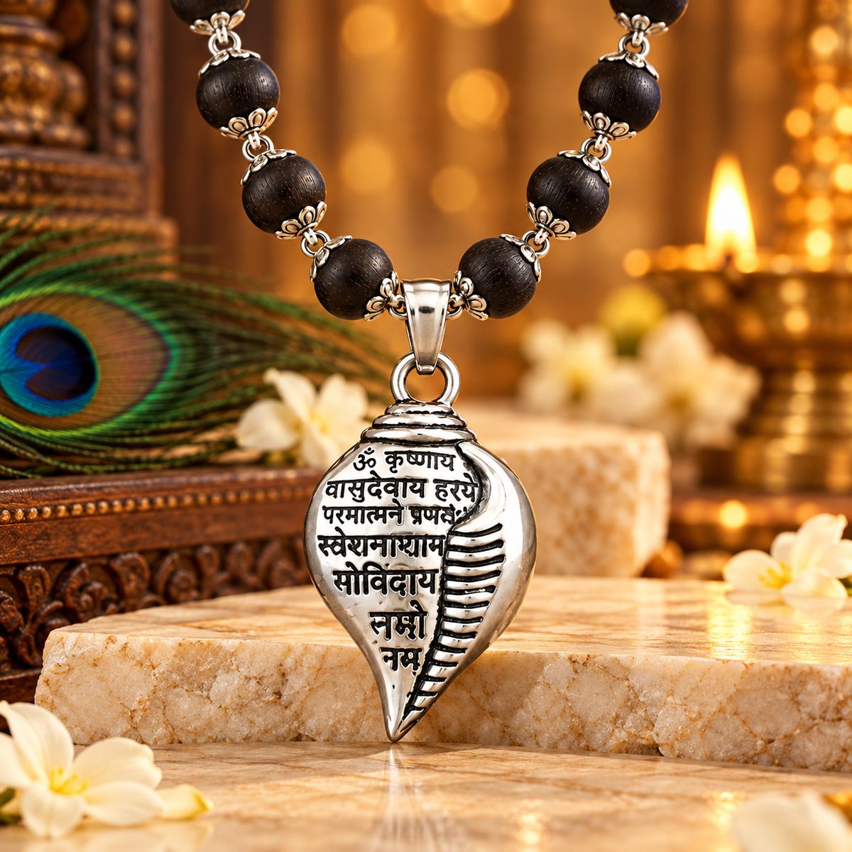 Original Karungali Mala with Silver Plated Shankh Mantra Pendan- JS-SNL-036