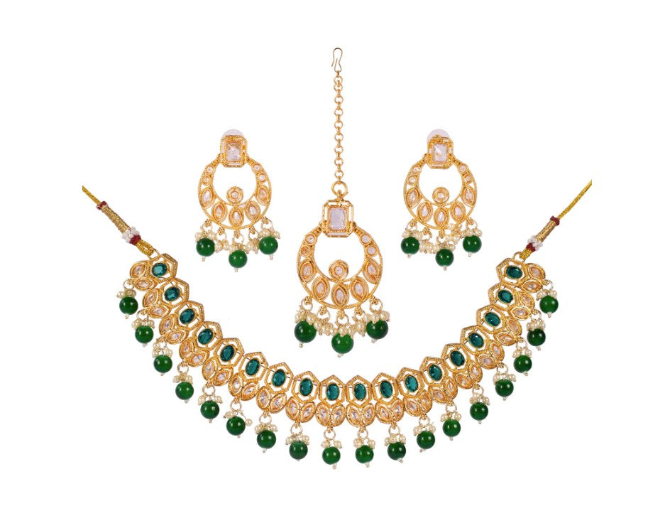 Gold-Plated Green Kundan Studded & Pearl Beaded Necklace & Chandbali Earrings Choker Set with Mangtikka
