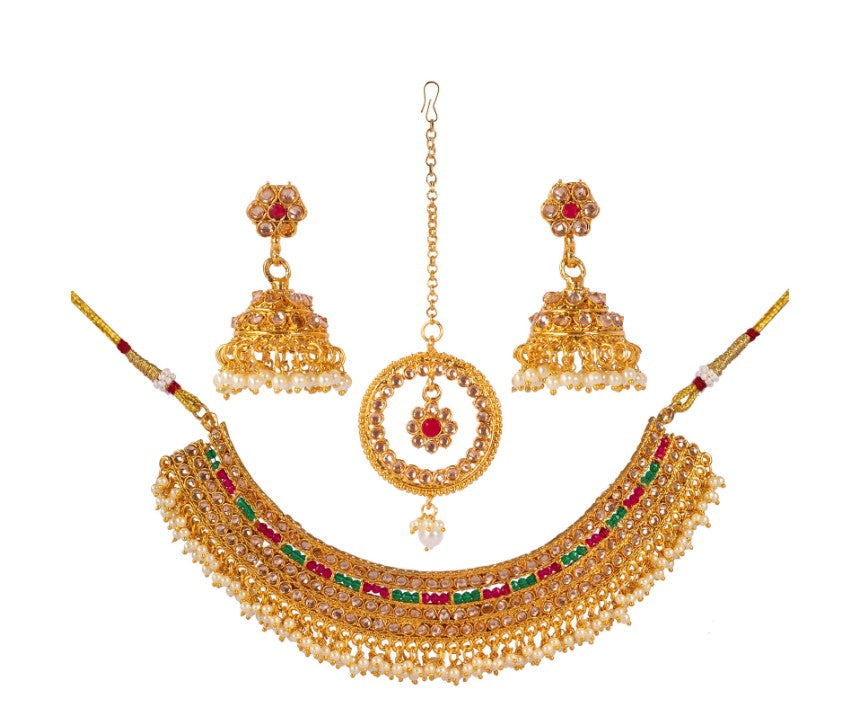 Gold-Plated Kundan-Studded Ruby Stone Studded Necklace & Earrings Choker Set-NL-JS25-40553