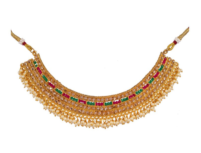 Gold-Plated Kundan-Studded Ruby Stone Studded Necklace & Earrings Choker Set-NL-JS25-40553