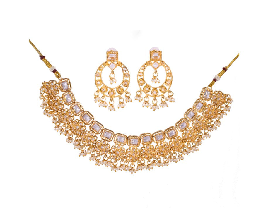 Gold-Plated Kundan Studded & Pearl Beaded Necklace & chandbali Earrings Choker Set with Mangtikka-NL-JS25-40556