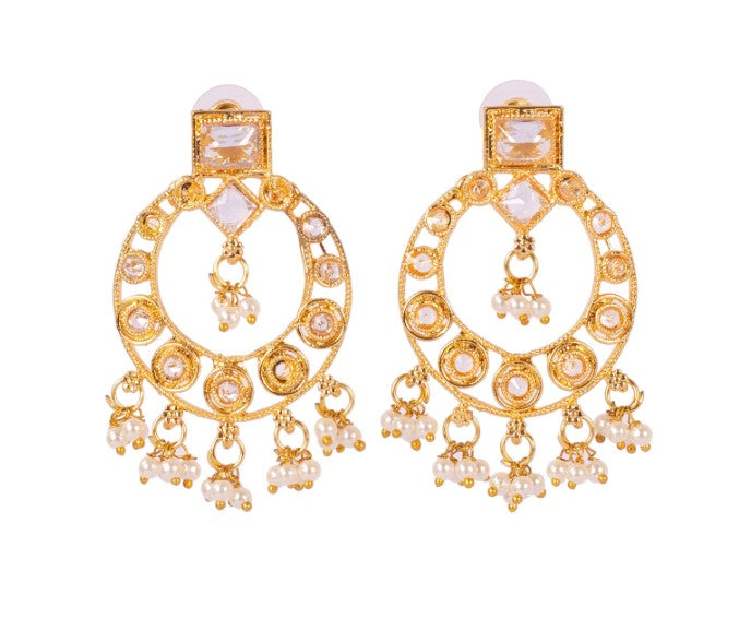 Gold-Plated Kundan Studded & Pearl Beaded Necklace & chandbali Earrings Choker Set with Mangtikka-NL-JS25-40556