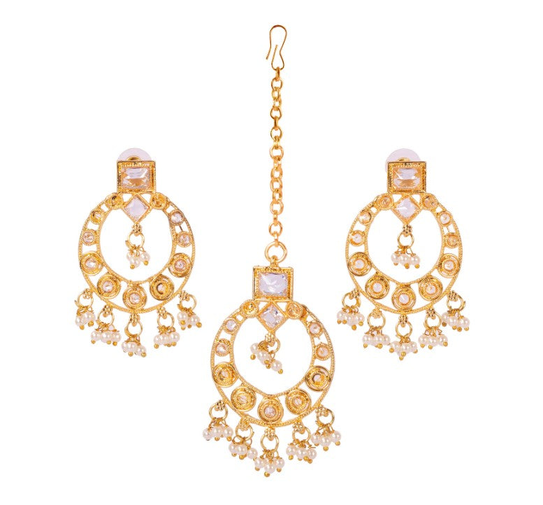 Gold-Plated Kundan Studded & Pearl Beaded Necklace & chandbali Earrings Choker Set with Mangtikka-NL-JS25-40556
