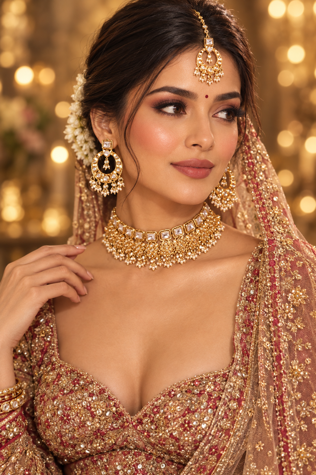 Gold-Plated Kundan Studded & Pearl Beaded Necklace & chandbali Earrings Choker Set with Mangtikka-NL-JS25-40556