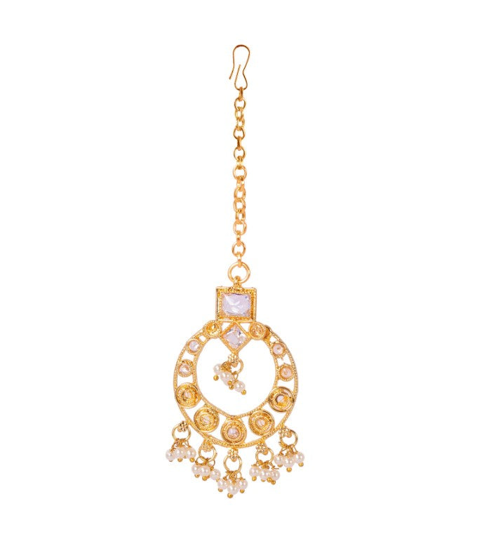 Gold-Plated Kundan Studded & Pearl Beaded Necklace & chandbali Earrings Choker Set with Mangtikka-NL-JS25-40556