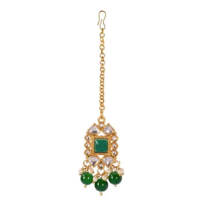Gold-Plated Green Kundan Studded & Pearl Beaded Necklace & Earrings Choker Set with Mangtikka-NL-JS25-40559