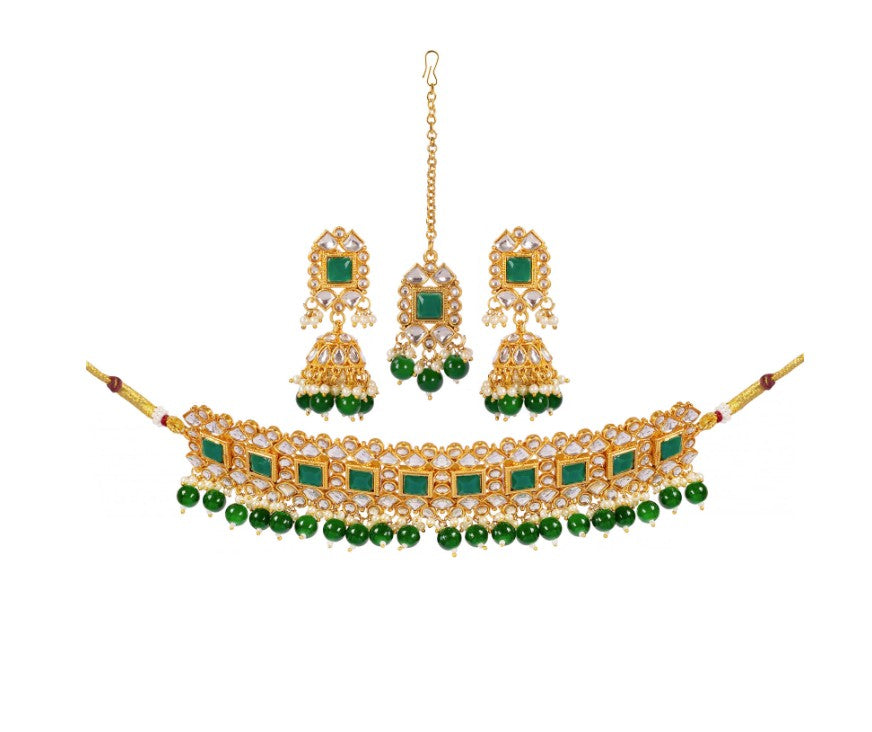 Gold-Plated Green Kundan Studded & Pearl Beaded Necklace & Earrings Choker Set with Mangtikka-NL-JS25-40559
