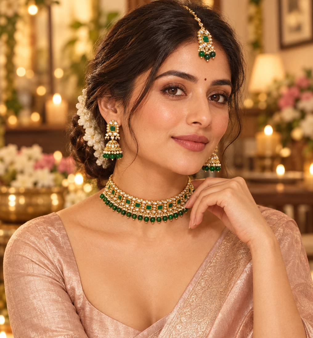 Gold-Plated Green Kundan Studded & Pearl Beaded Necklace & Earrings Choker Set with Mangtikka-NL-JS25-40559