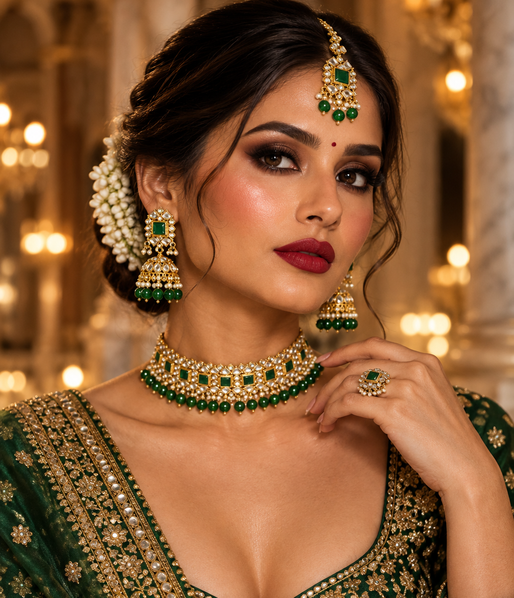 Gold-Plated Green Kundan Studded & Pearl Beaded Necklace & Earrings Choker Set with Mangtikka-NL-JS25-40559